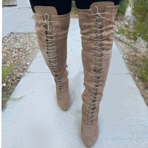 6.5 & 7 Taupe Faux Suede Chunky Lace Up Thigh High Boots - Picture 2 of 6